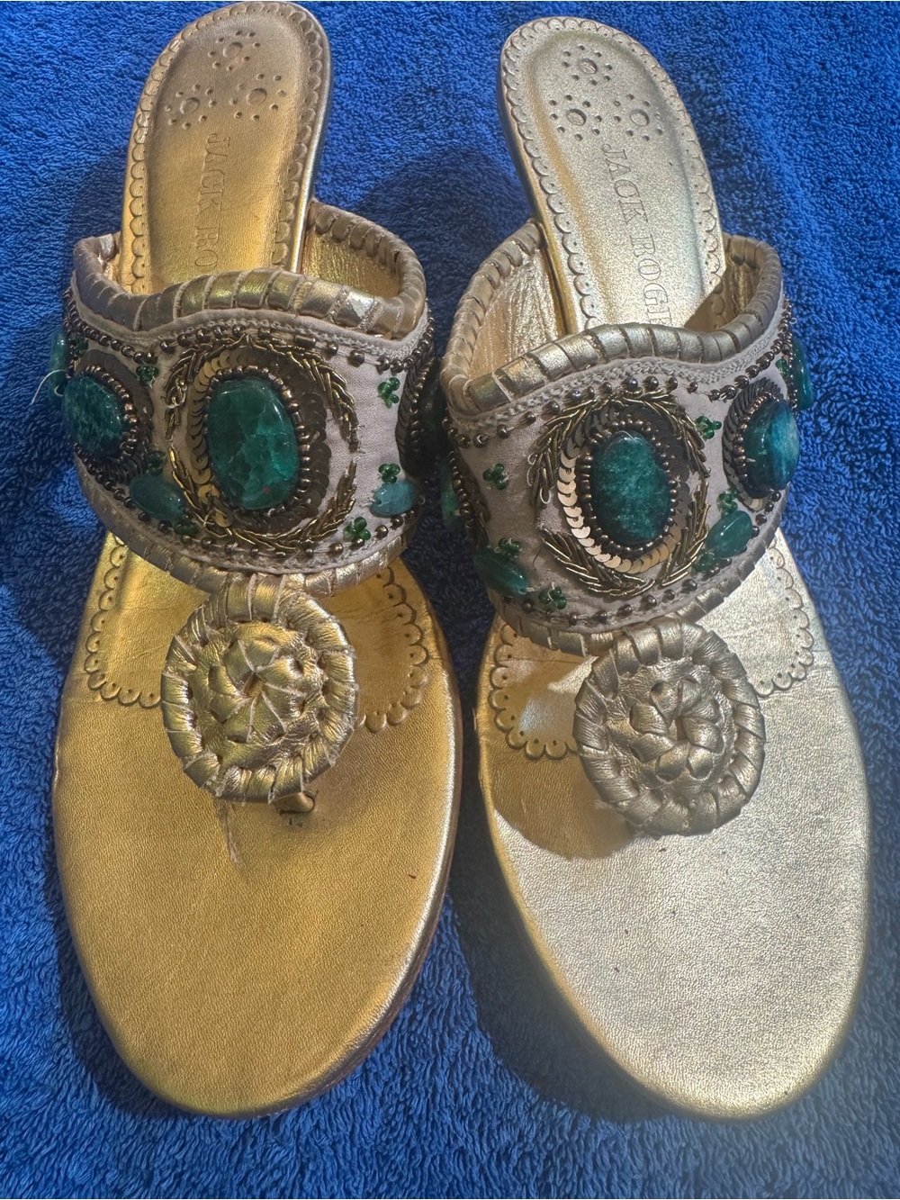 Jack Rogers Gold Embellished Kitten Heel Sandals with Jade Stone Accents